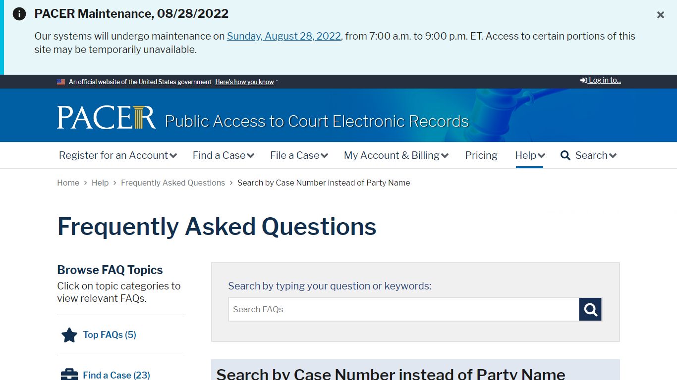 Search by Case Number instead of Party Name - PACER